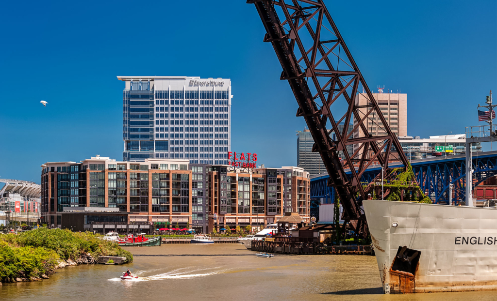 Photo of the Flats East Bank Apartments from the Cuyahoga River.