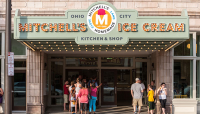 The marquee of the Mitchell's Ice Cream in Ohio City.